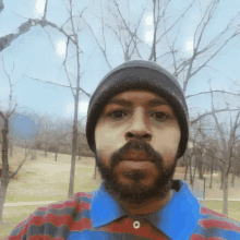 a man with a beard wearing a beanie and a blue and red striped shirt