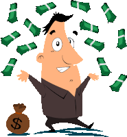 a cartoon man is surrounded by stacks of money and a bag of money with a dollar sign on it