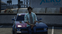 a man in a hawaiian shirt is standing in front of a car in a parking lot