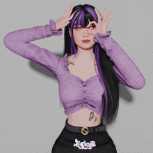 a 3d model of a girl wearing a purple crop top and a black skirt with the word eclair on it