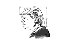 a black and white drawing of donald trump 's head with measurements on it