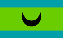 a black crescent moon on a green and blue background