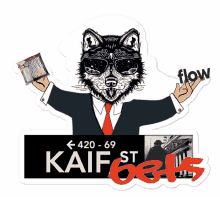 a sticker shows a wolf in a suit and tie holding a bag of money