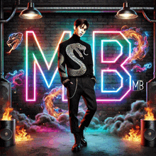 a man stands in front of a neon mb sign