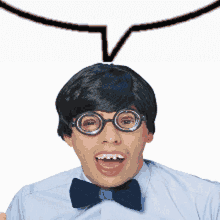 a man wearing glasses and a bow tie with a speech bubble above him