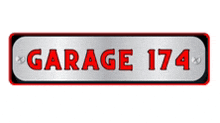 a silver and red sign that says garage 174