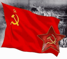 a red flag with a gold star and hammer and sickle