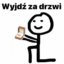 a stick figure is kneeling down and holding a box with a ring inside of it