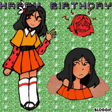 a cartoon of a girl with a flower on her head and the words happy birthday