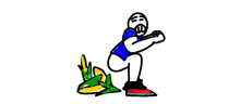 a cartoon of a man squatting down next to a frog