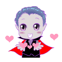 a cartoon of a vampire holding two pink hearts in his hands