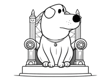 a cartoon dog is sitting on a throne with a necklace around his neck