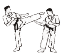 a black and white drawing of two karate fighters kicking each other .