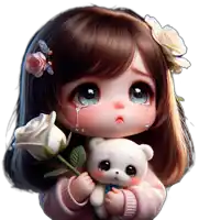 a little girl is crying while holding a teddy bear and flowers