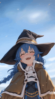 a blue haired anime girl wearing a witch hat