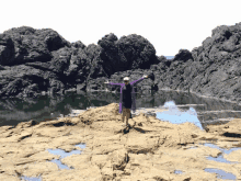 a woman in a purple coat stands on a rocky beach