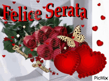 a picture that says felice serata with red hearts and roses