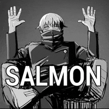 a black and white drawing of a person with the word salmon on the bottom