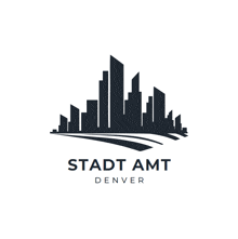 a logo for stadt amt denver with a city skyline in the background