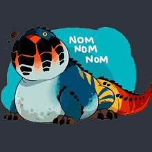 a cartoon of a dinosaur with the words nom nom nom