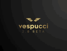 a logo for vespucci 2.0 beta with wings on a black background