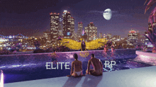 a man and a woman sit on the edge of an infinity pool looking at the city skyline