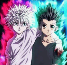 a couple of anime characters standing next to each other on a colorful background .