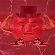 a red cartoon character wearing a top hat and a pair of nike shoes