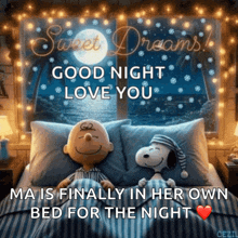 a picture of snoopy and charlie brown laying on a bed with the words " good night love you " above them