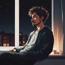 a drawing of a man sitting on a window sill looking out at night