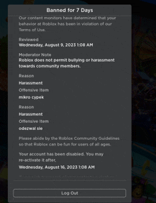 a screenshot of a page that says " banned for 7 days " on it