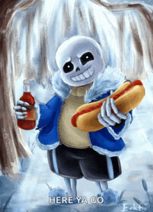 a painting of sans holding a hot dog and a bottle of ketchup