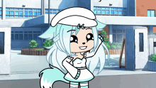 a drawing of a girl with white hair and a white hat with gg on it