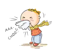 a cartoon drawing of a boy blowing his nose with the words aaa choo behind him