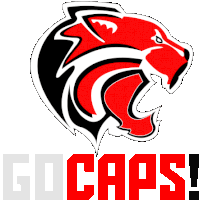 a red and black logo with the words go caps