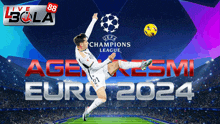 a poster for the uefa champions league with a soccer player kicking the ball