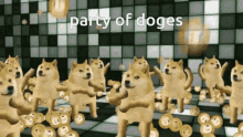 a bunch of doges are dancing in a room with the words party of doges written on the bottom