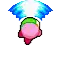 a pixel art of kirby with a green hat and a blue wing .