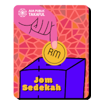 an illustration of a hand putting a coin in a box that says " jom sedekah "