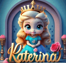 a doll with a crown on her head is standing next to a sign that says ' katerina '