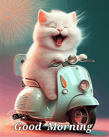 a picture of a cat on a scooter with the words good morning written below it