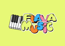 a colorful logo for fava music with a keyboard in the background