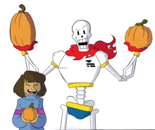 a cartoon drawing of a skeleton holding two pumpkins