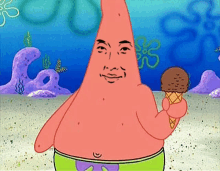 patrick star from spongebob is holding an ice cream cone with a face drawn on it