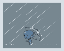 a cartoon character is holding an umbrella in a rain storm