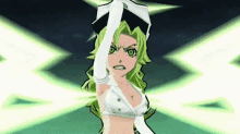 a cartoon girl with green hair and white gloves is holding a book in her hand .