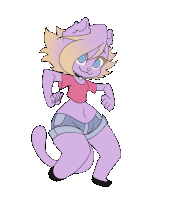 a drawing of a purple cat wearing shorts and a pink shirt