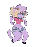 a drawing of a purple cat wearing shorts and a pink shirt