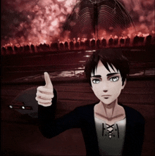 a cartoon character giving a thumbs up in front of a burning building