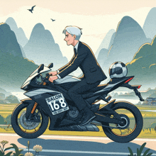 a man in a suit is riding a motorcycle with the number 168 on the front